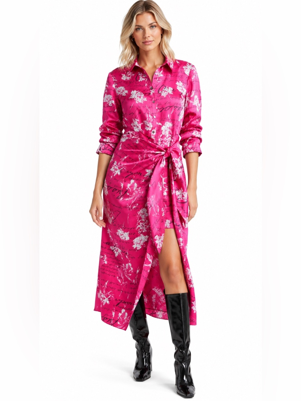 Cinq à Sept Pink Floral Script Tie Waist Maxi Shirt Dress Size 8 NWOT
